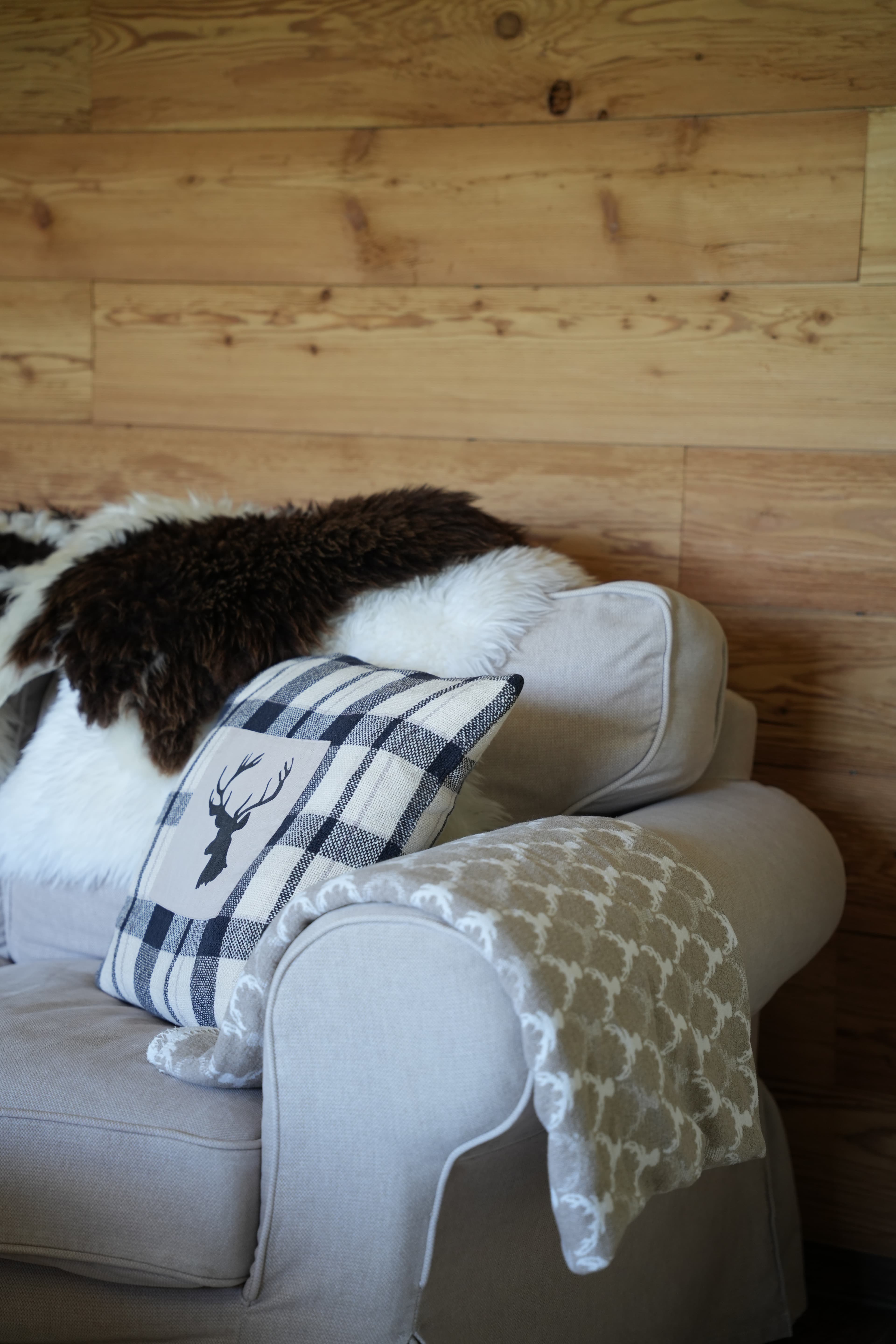 Sofa vor einer Holzwand in einer Ferienwohnung